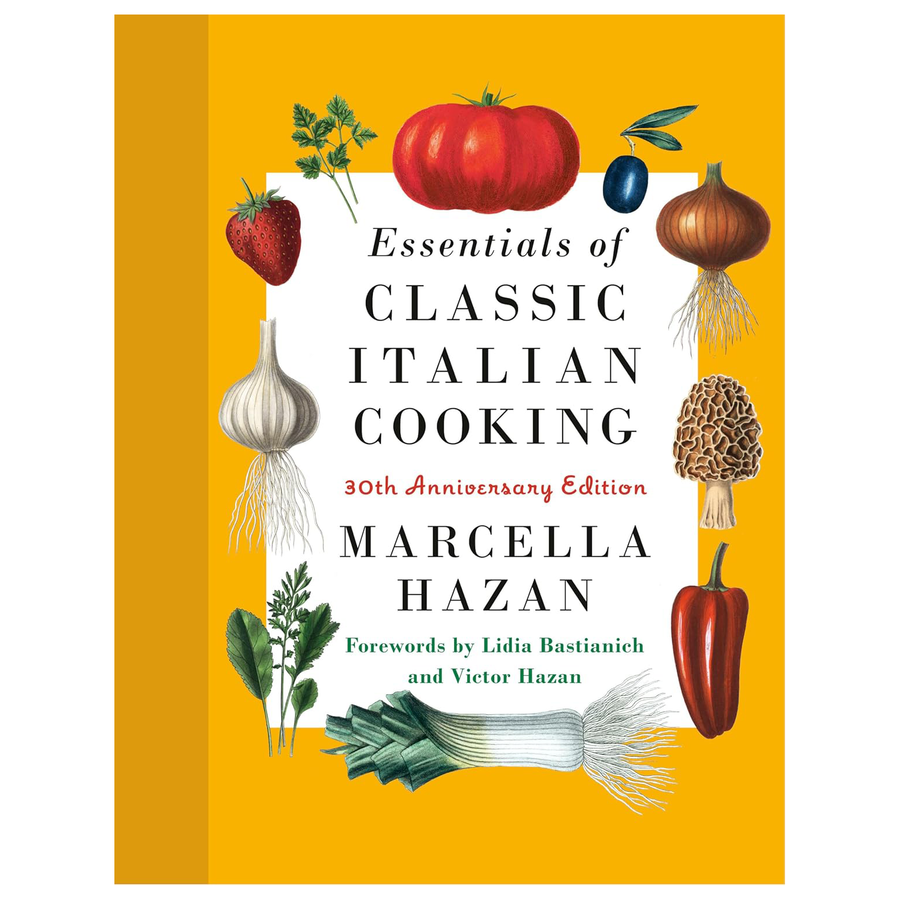 Book cover of 'Essentials of Classic Italian Cooking' with illustrations of vegetables on a yellow background