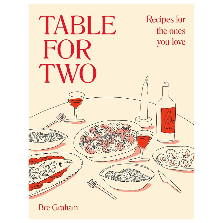 Book cover of 'Table for Two' with illustrations of a dinner table and red text.