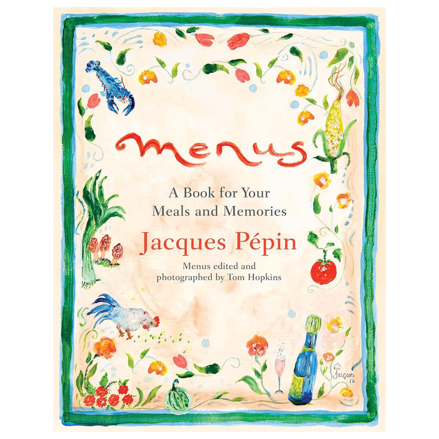 Book cover of 'Menus' by Jacques Pepin with colorful illustrations of food and kitchen items.