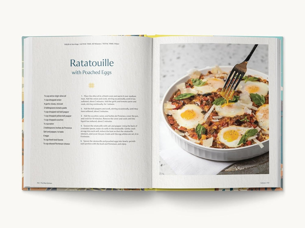 Open cookbook showing a recipe for Ratatouille with Poached Eggs