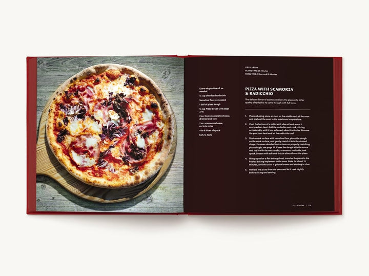 A cookbook preview with a recipe for pizza with scarmorza and radicchio
