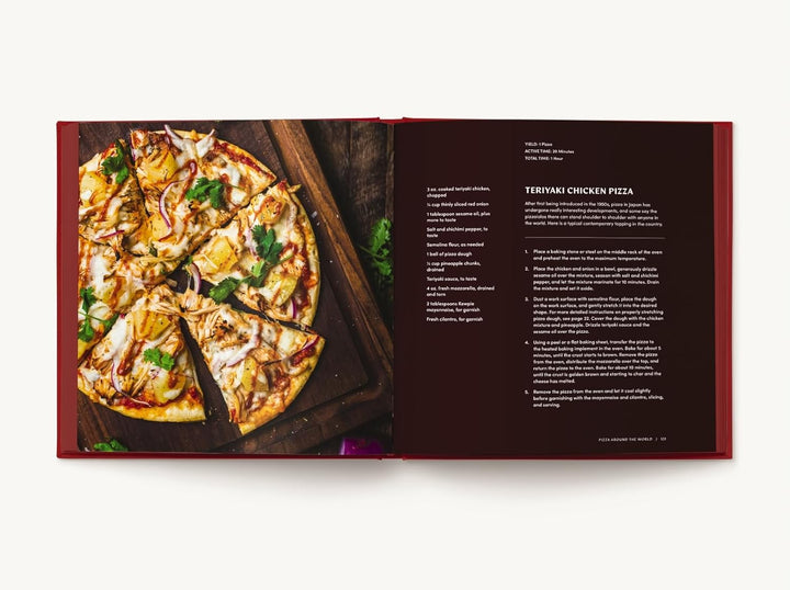 A preview of a cookbook with a teriyaki chicken pizza recipe