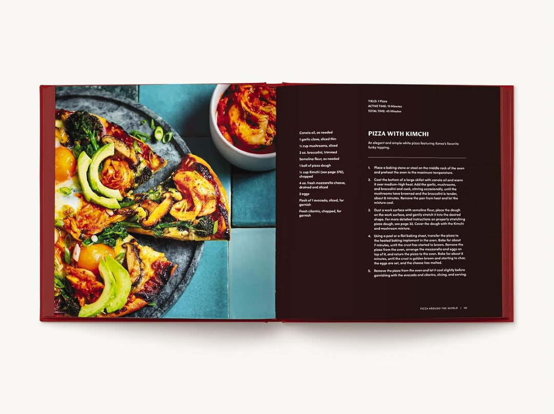 A preview of a cookbook open to a recipe of pizza with kimchi
