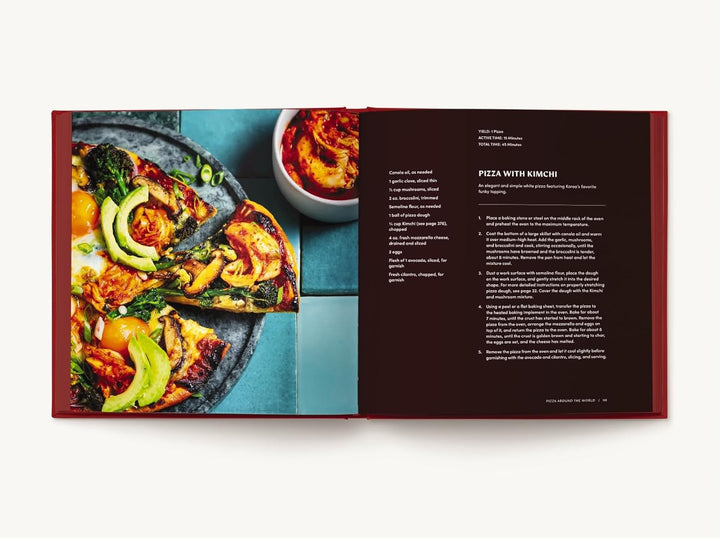 A preview of a cookbook open to a recipe of pizza with kimchi