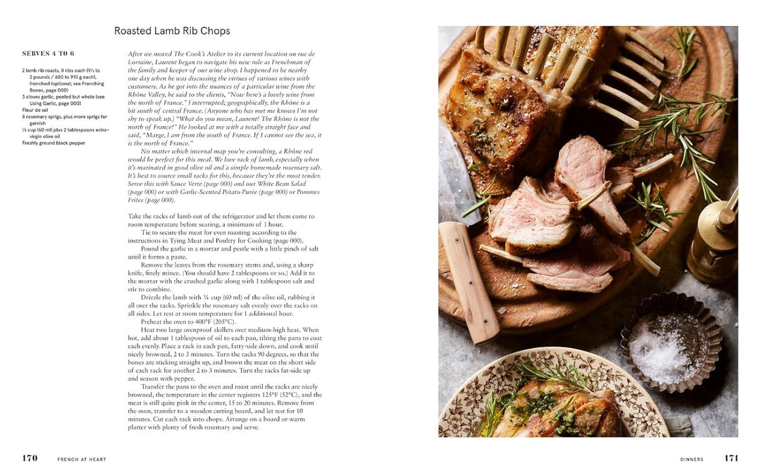 A recipe pagefor roasted lamb rib chops with an image of lamb chops on the right hand page