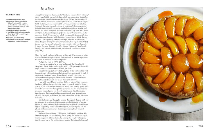 A preview of a recipe for Tarte Tatin with a photo of a peach tart on the right hand page