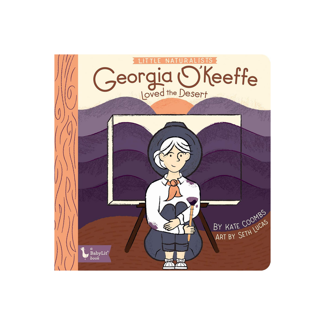 Book cover of 'Georgia O'Keeffe Loved the Desert' with a stylized illustration of a woman and desert landscape.
