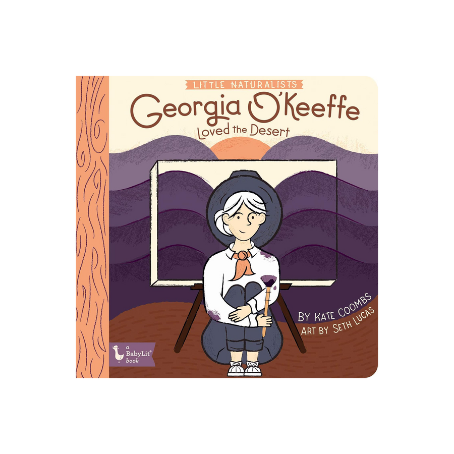 Book cover of 'Georgia O'Keeffe Loved the Desert' with a stylized illustration of a woman and desert landscape.