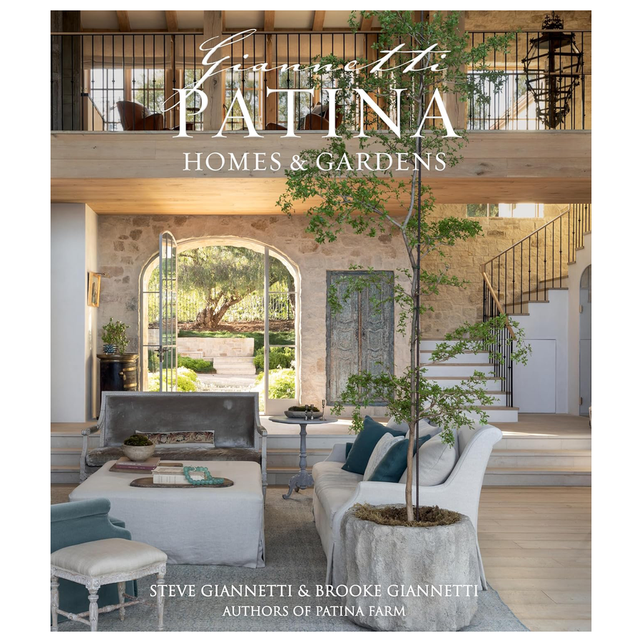 Book cover of 'Patina Homes & Gardens' with aphotograph of a living room with modern interior design