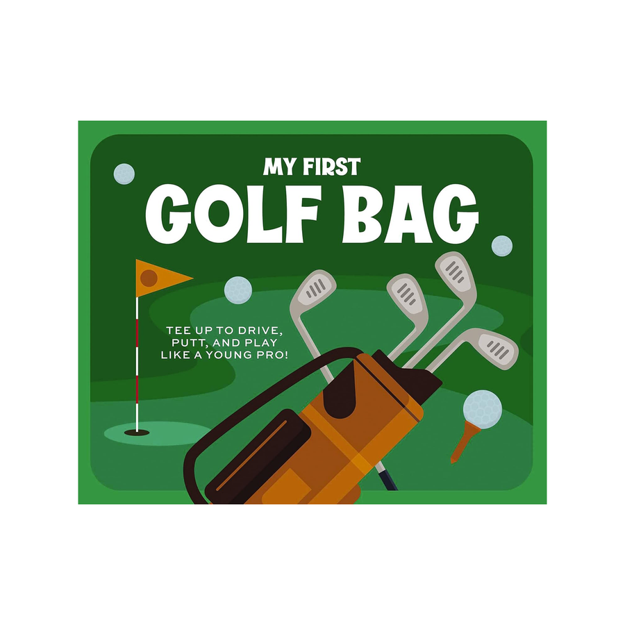 Children's book cover titled 'My First Golf Bag' with golf-themed illustrations on a green background.