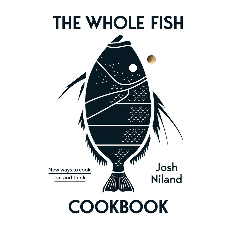 Cookbook cover with a black fish illustration and text about cooking and thinking
