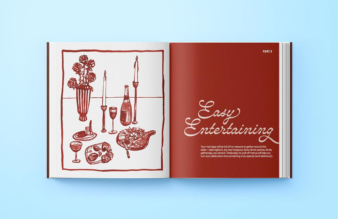 An introduction page for a chapter titled "Easy Entertaining" with an illustration of wine and gazing plates on the lefthand page