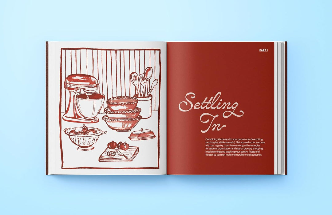 A preview of a chapter title page called "settling in" with an illustration of a cooking workspace on the left side