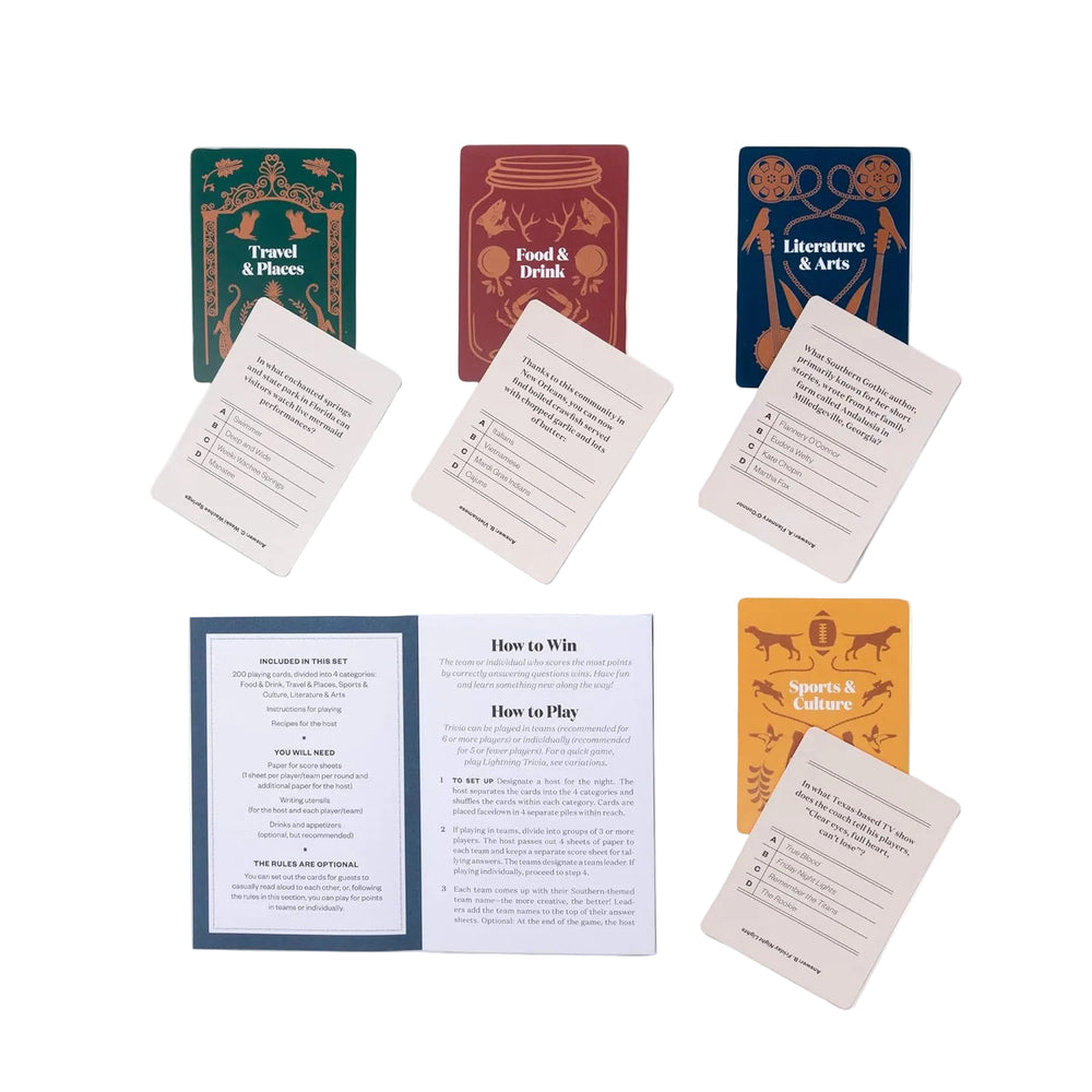 Collection of question cards with colorful designs and text on a white background