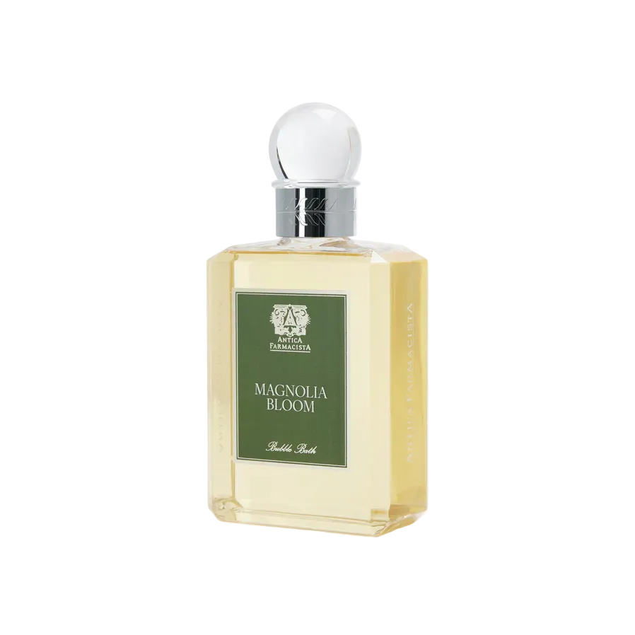 Bottle of bubble bath liquid labeled 'Magnolia Bloom'