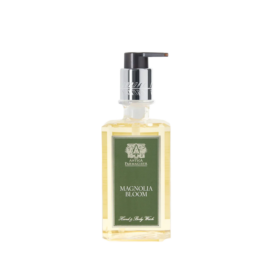 A bottle of liquid hand soap scented "Magnolia Bloom" by Antica Farmacista
