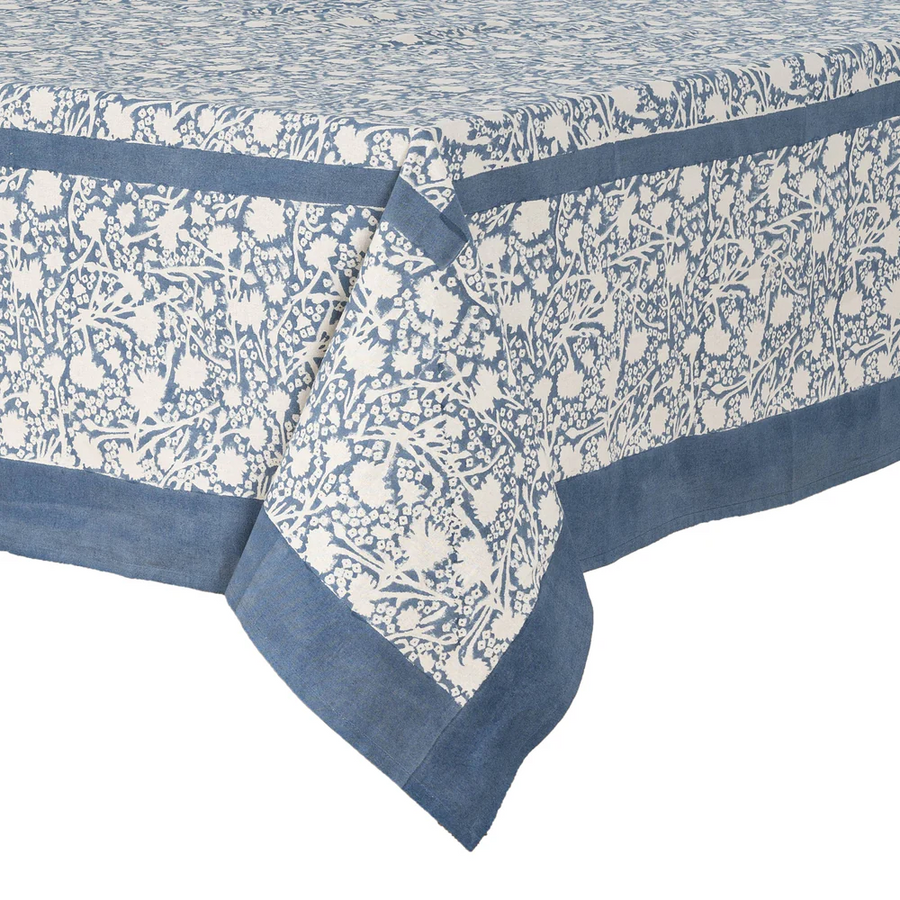 Floral patterned tablecloth with blue border