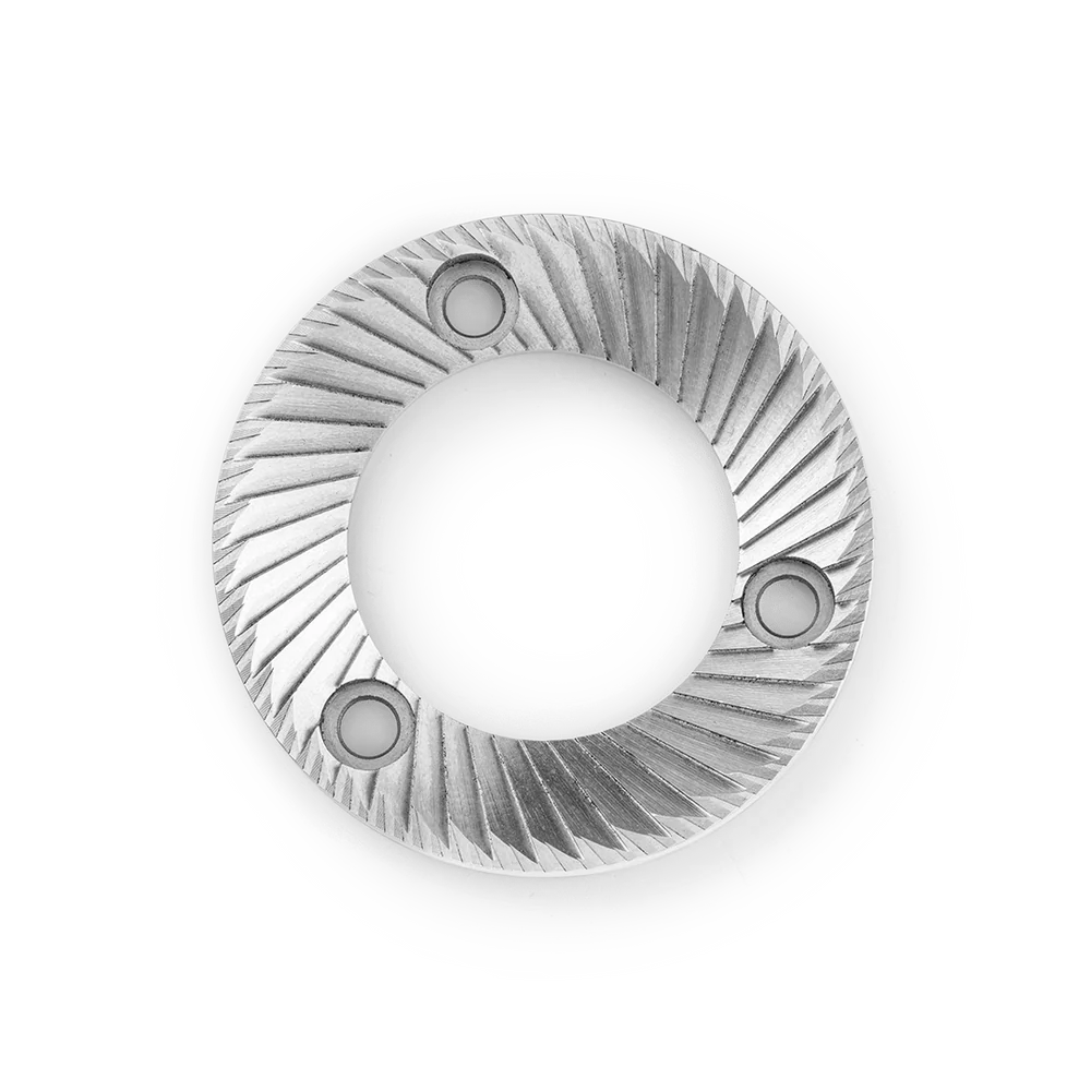A metallic circular ring-shaped component with a ribbed outer edge and three bolt holes, shown on a plain white background.