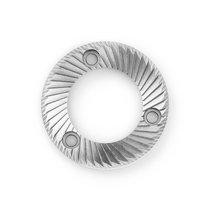 A metallic circular ring-shaped component with a ribbed outer edge and three bolt holes, shown on a plain white background.