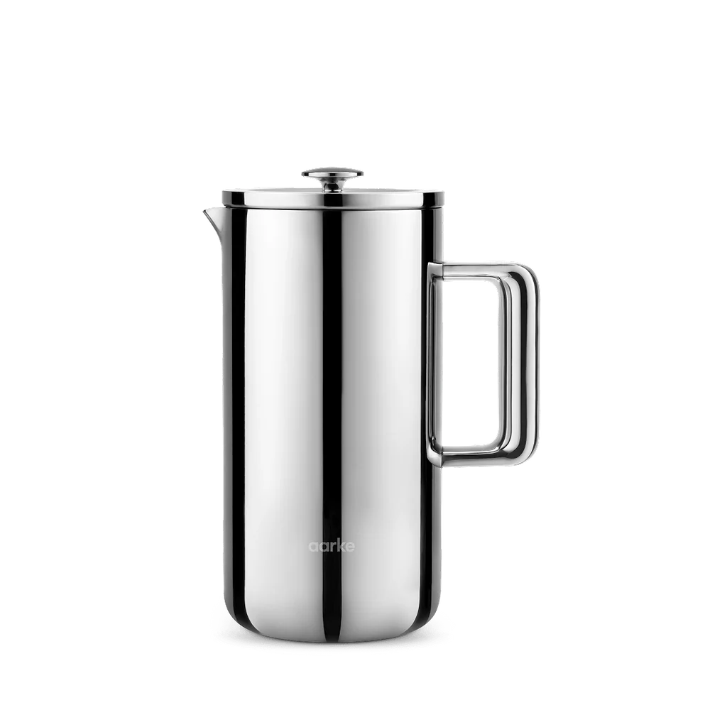 A polished stainless steel French press with a lid and integrated handle, shown on a clean white background.