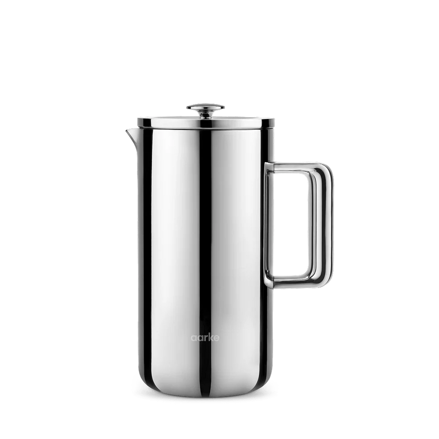 A polished stainless steel French press with a lid and integrated handle, shown on a clean white background.