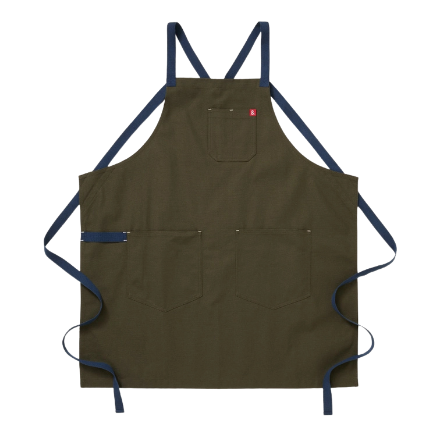 Olive Green apron with blue straps on a white background