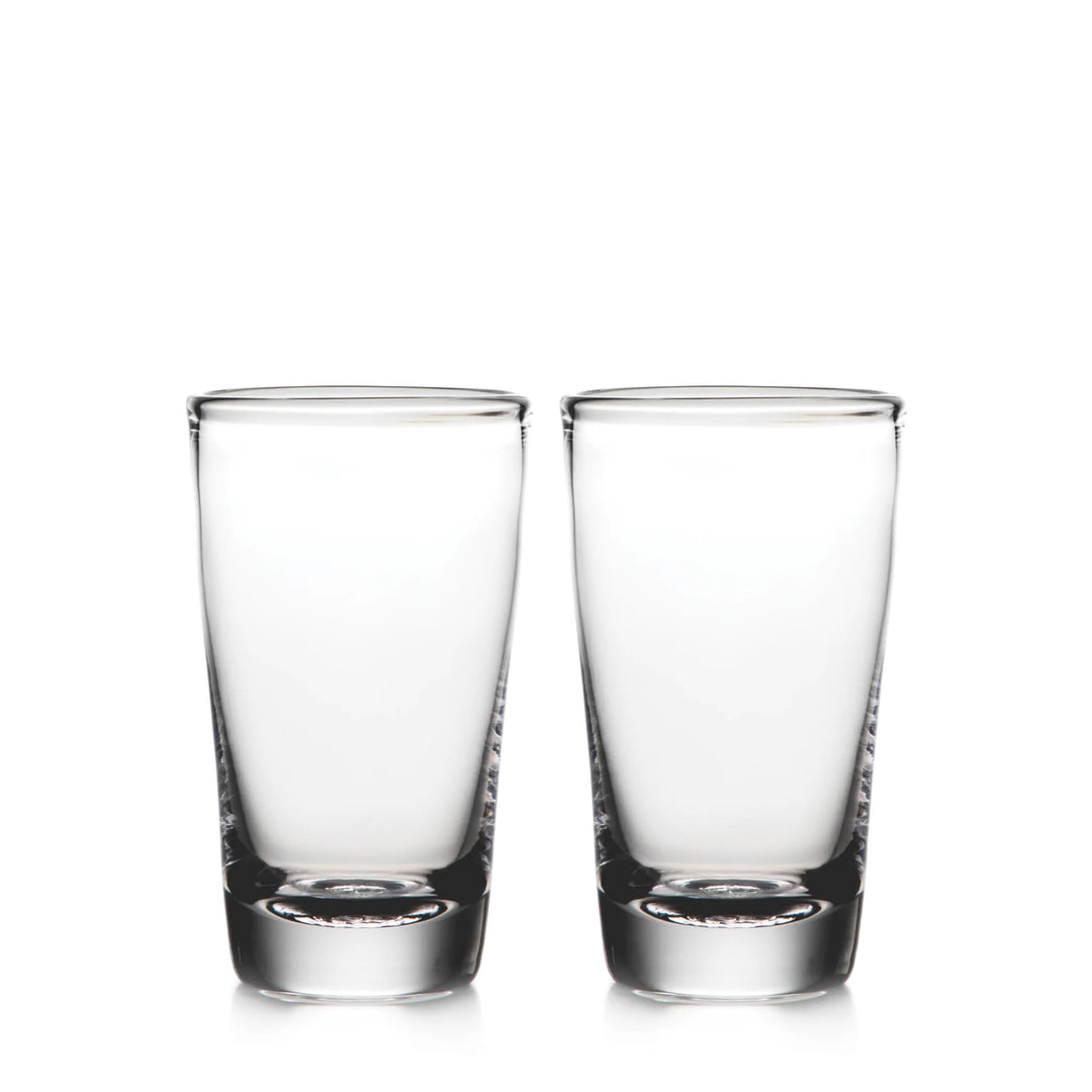 Two clear glass tumblers with a subtle textured pattern on the sides, shown side-by-side on a white background.