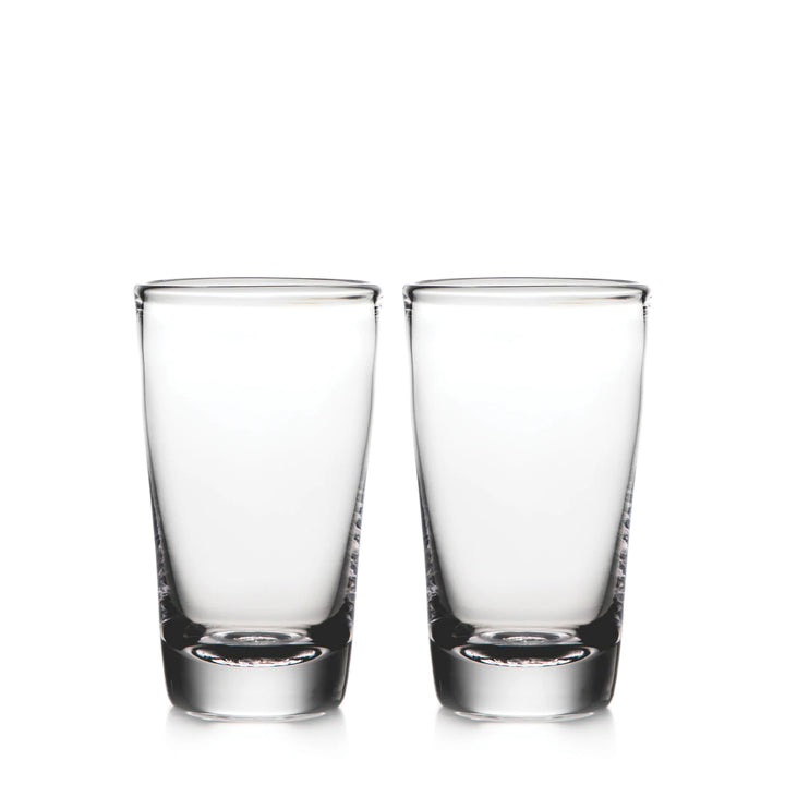 Two clear glass tumblers with a subtle textured pattern on the sides, shown side-by-side on a white background.