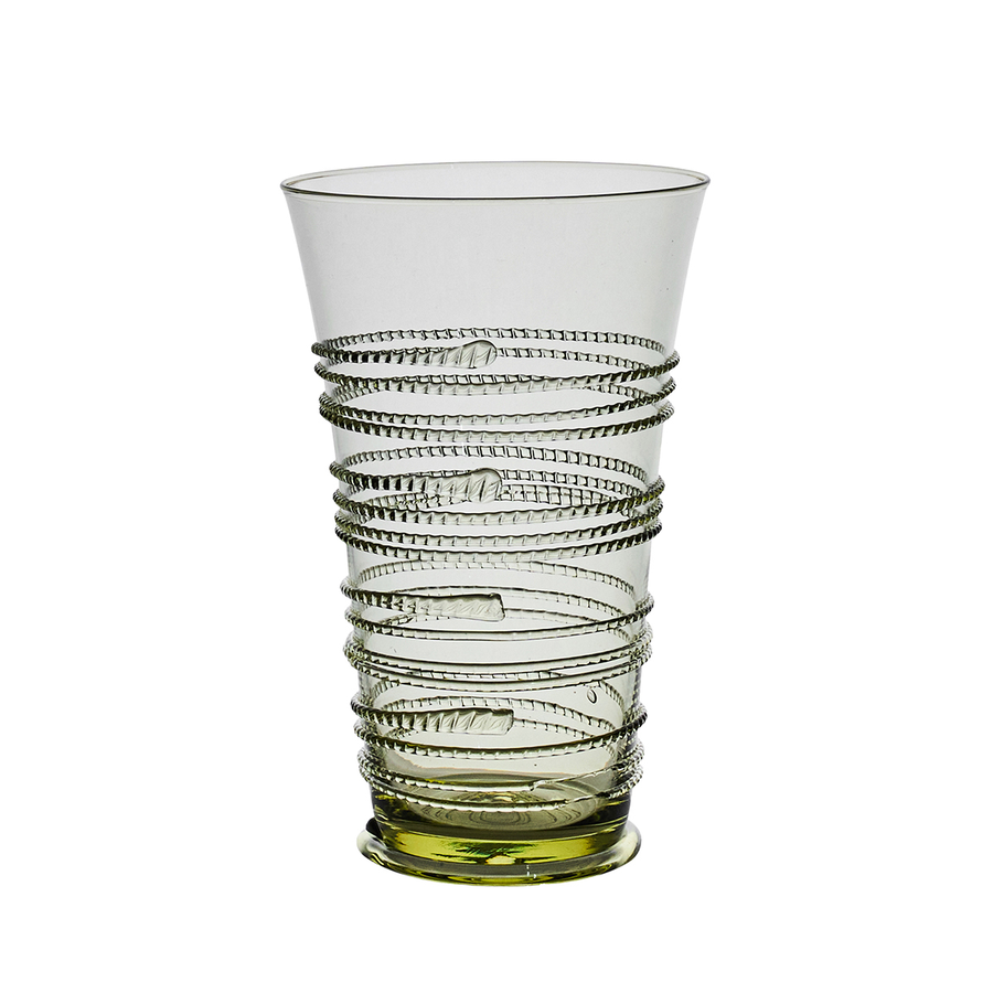 Decorative glass vase with spiral design on a white background