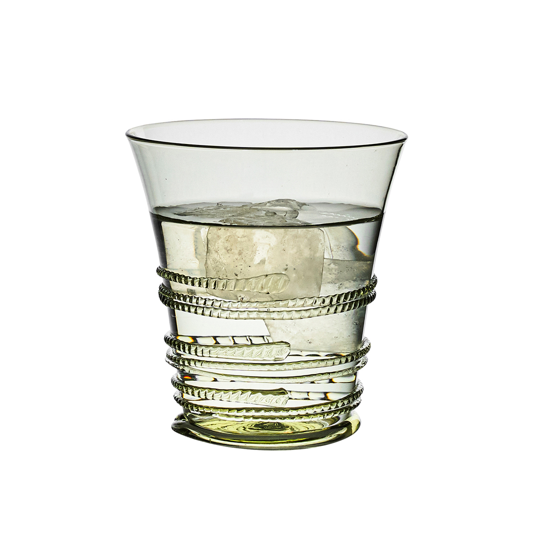Clear glass with decorative base on a white background