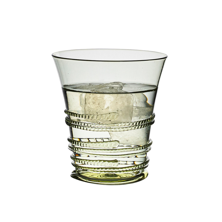 Clear glass with decorative base on a white background