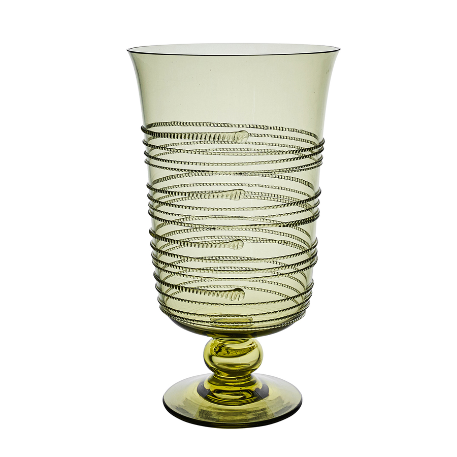Green glass vase with spiral design on a white background