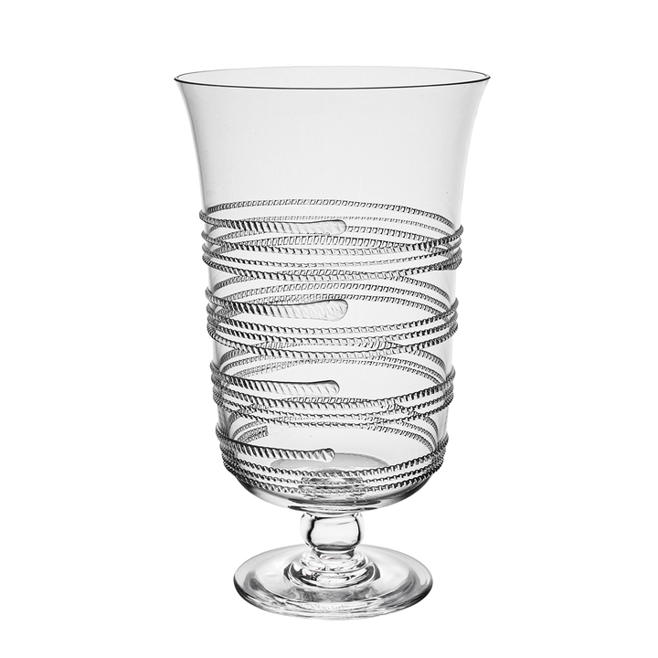 A clear glass pedestal vase with a flared rim and a textured, ribbed spiral pattern around the middle, set against a plain white background.