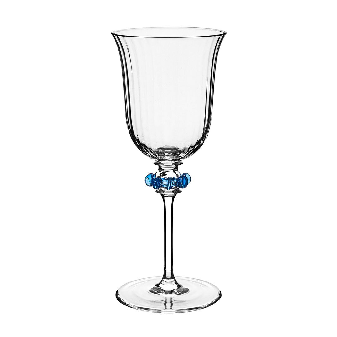 Clear glass wine glass with blue decorative element on a white background