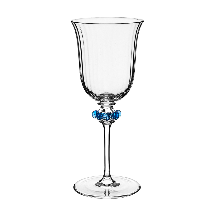 Clear glass wine glass with blue decorative element on a white background