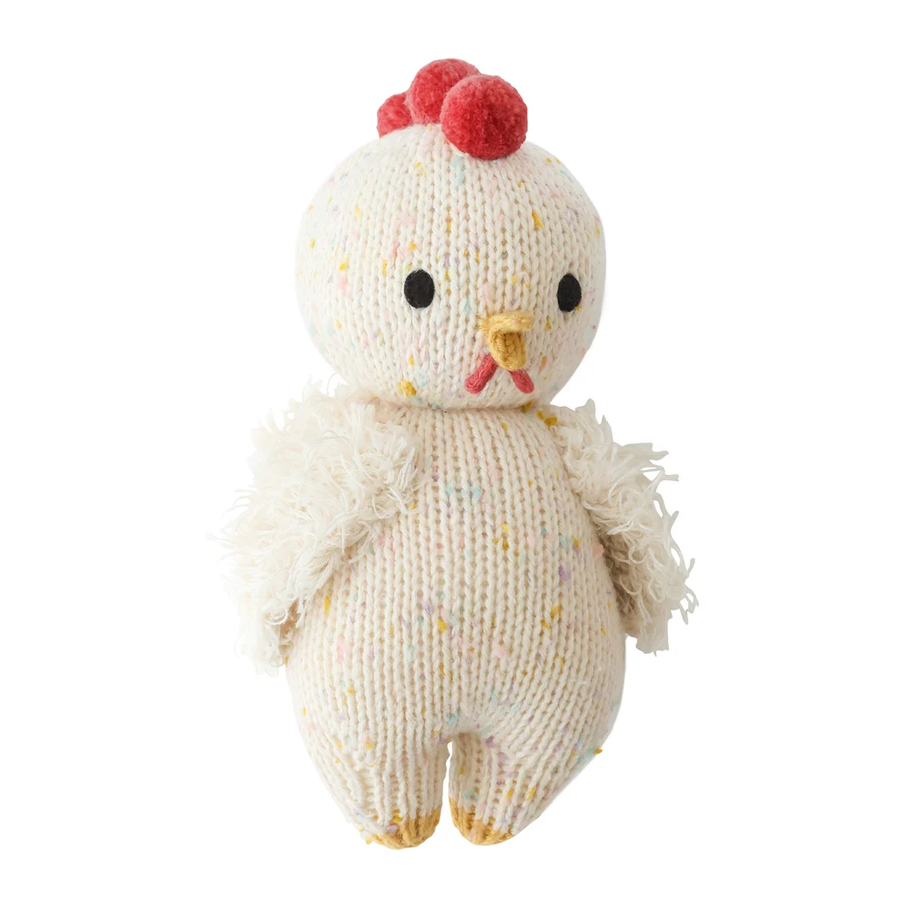 Knitted chicken toy with red comb