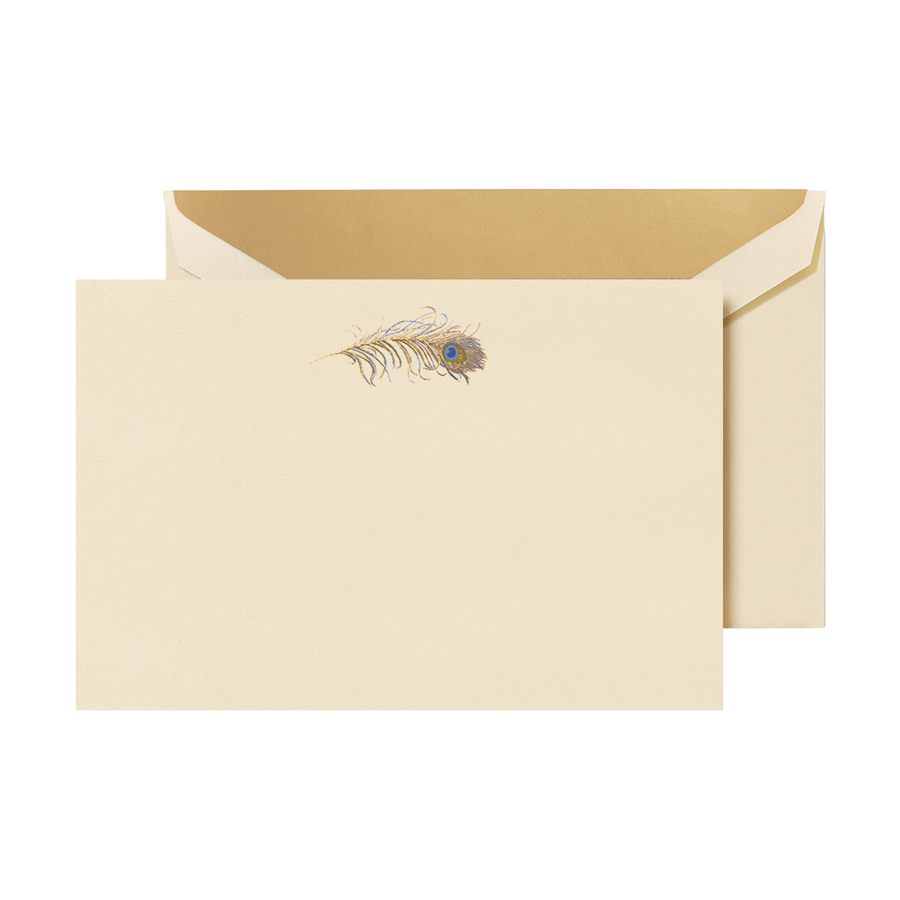 Ecru card with peacock feather design on a white background