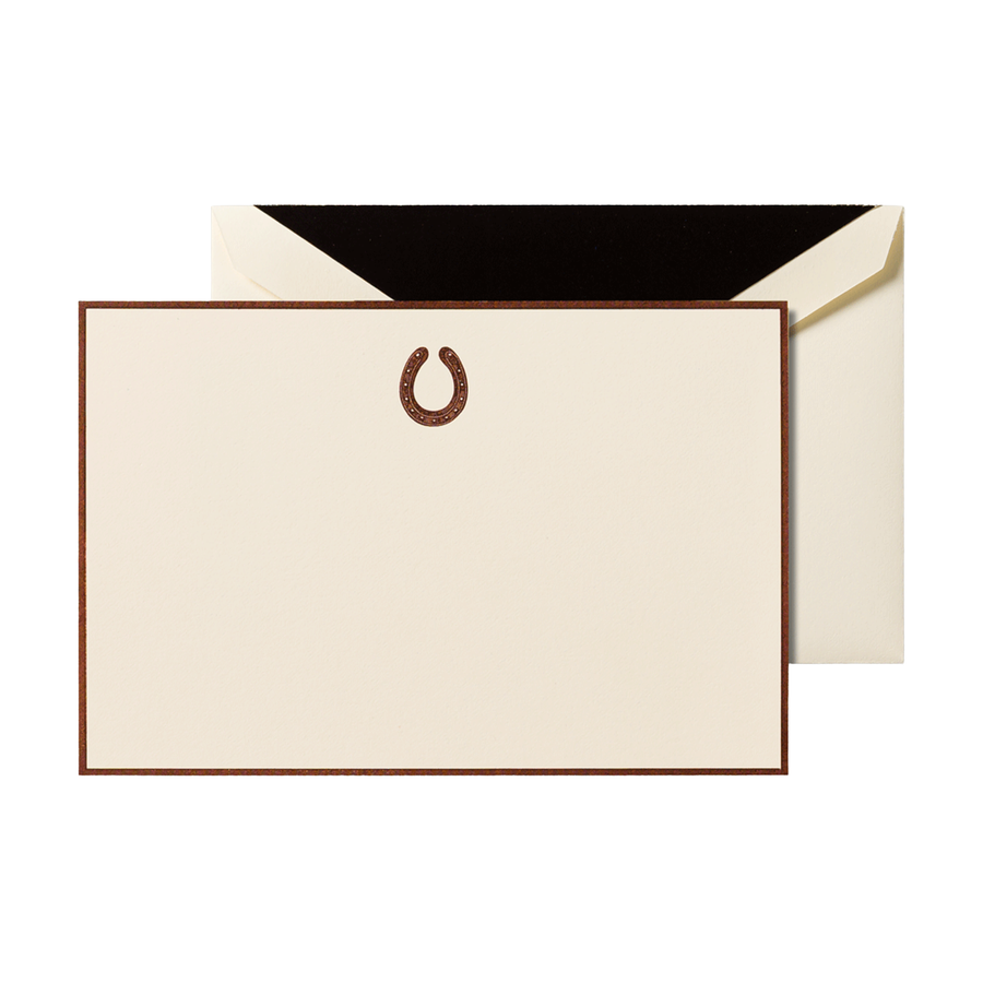 Ecruwhite card with kona brown border and horse shoe motif engraved on a white background