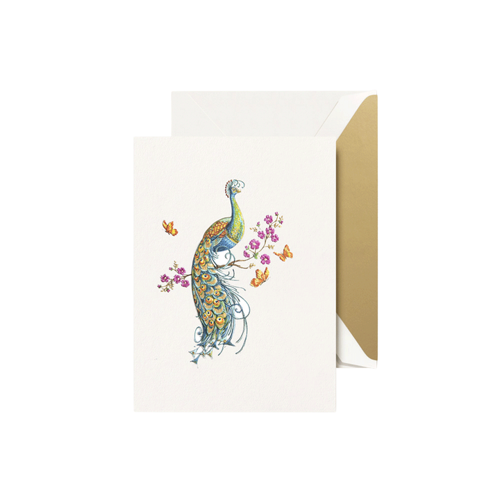Greeting card with a peacock generated image on a white background