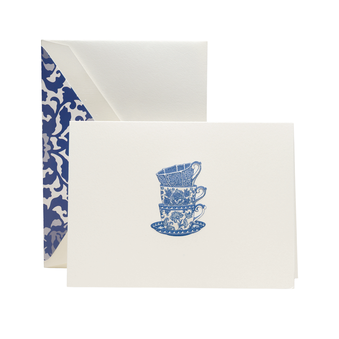 Note card with blue delft chinoiserie teacup design on a white background
