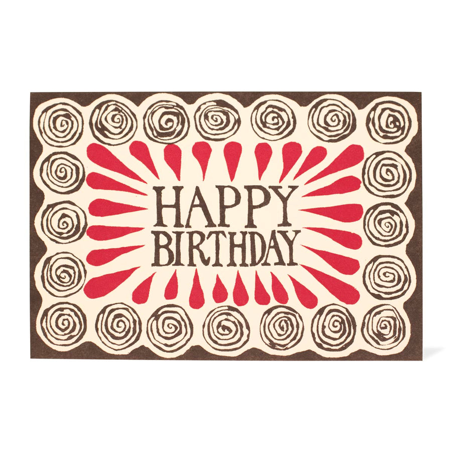 Birthday card with 'Happy Birthday' text and decorative spiral patterns on a white background