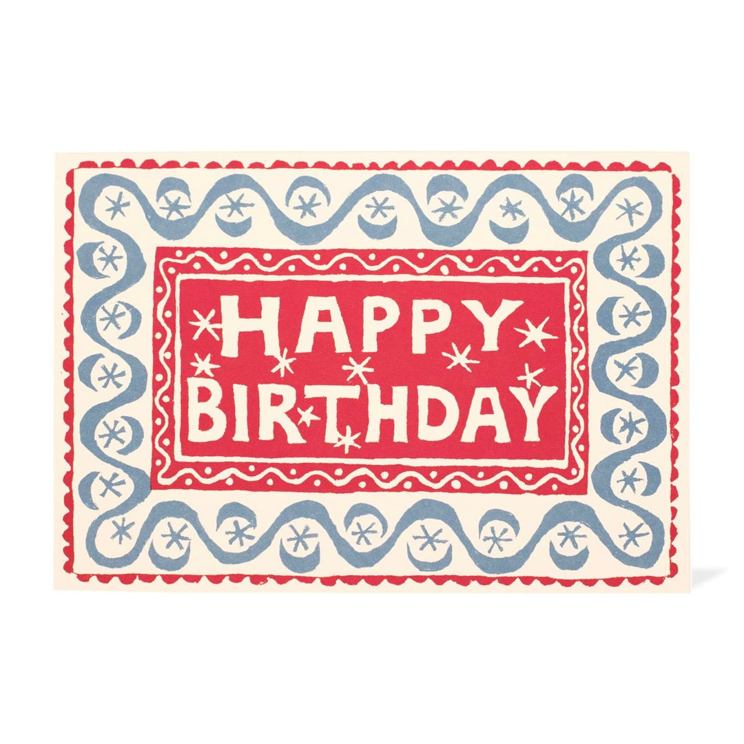 Vintage-style 'Happy Birthday' card with a decorative red and blue border 