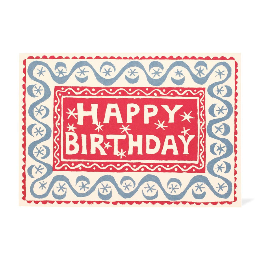 Vintage-style 'Happy Birthday' card with a decorative red and blue border 