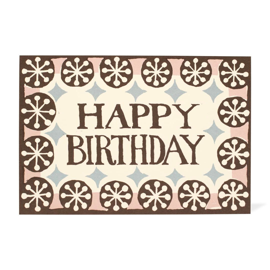Vintage-style 'Happy Birthday' card with decorative patterns on a white background