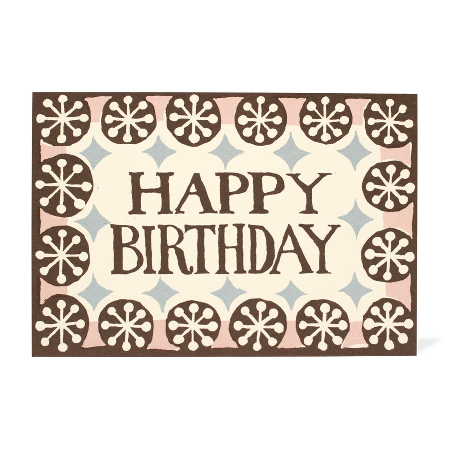 Vintage-style 'Happy Birthday' card with decorative patterns on a white background