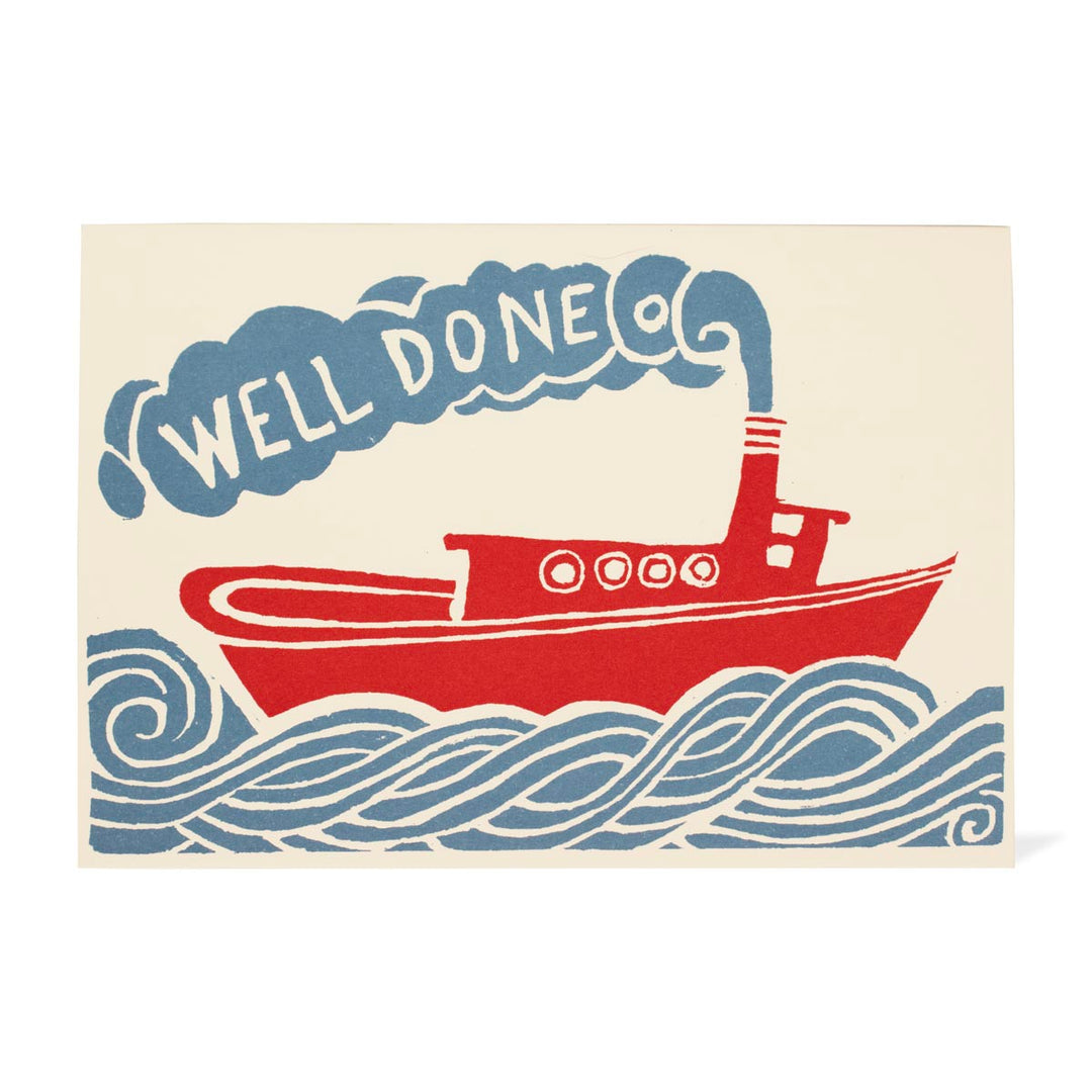 Illustration of a red boat with 'Well Done' text on an ivory card
