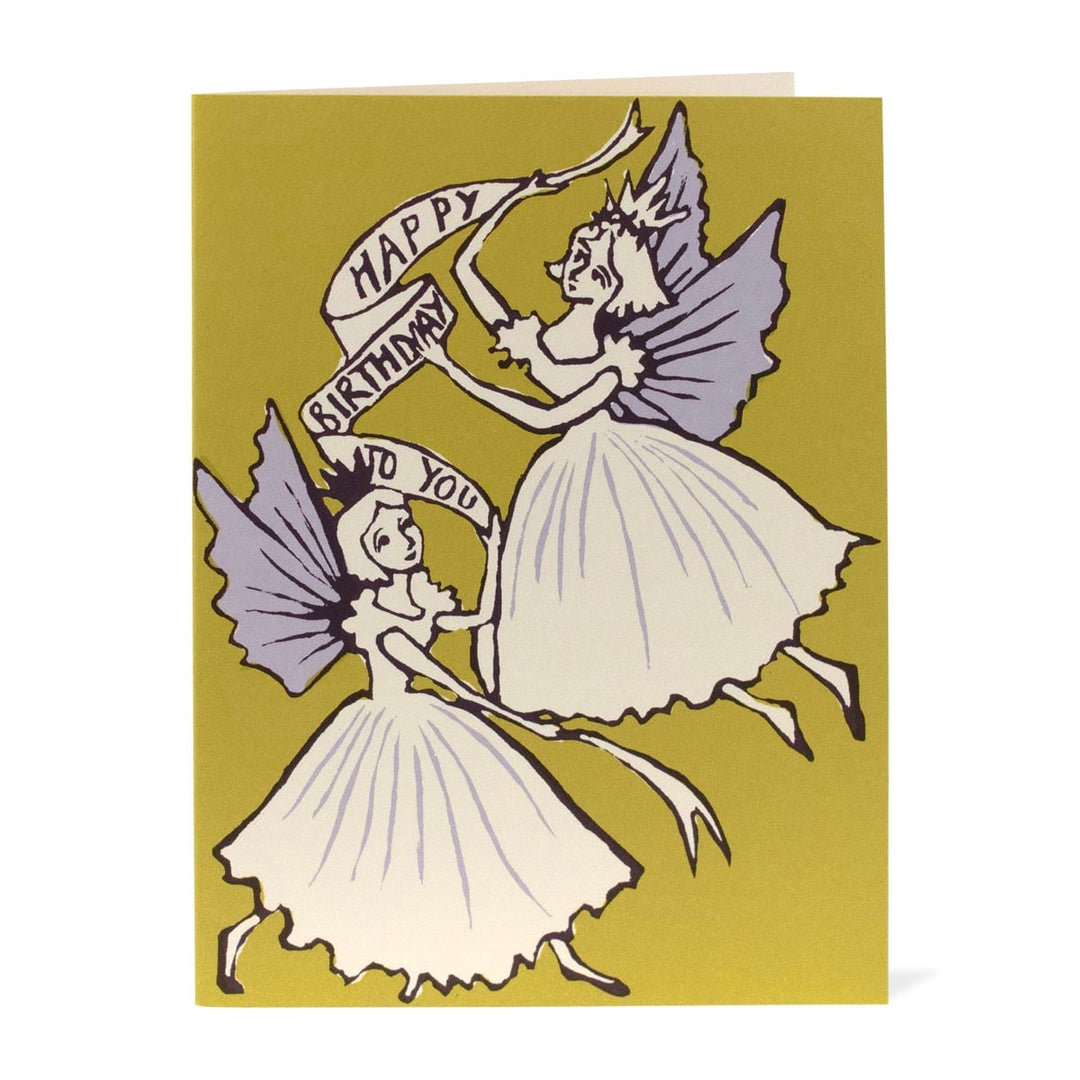 Green card with fairies holding a birthday banner that says 'happy birthday to you'
