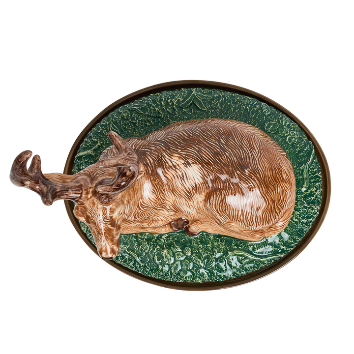 Top view of a covered bowl with a sculptural deer lid