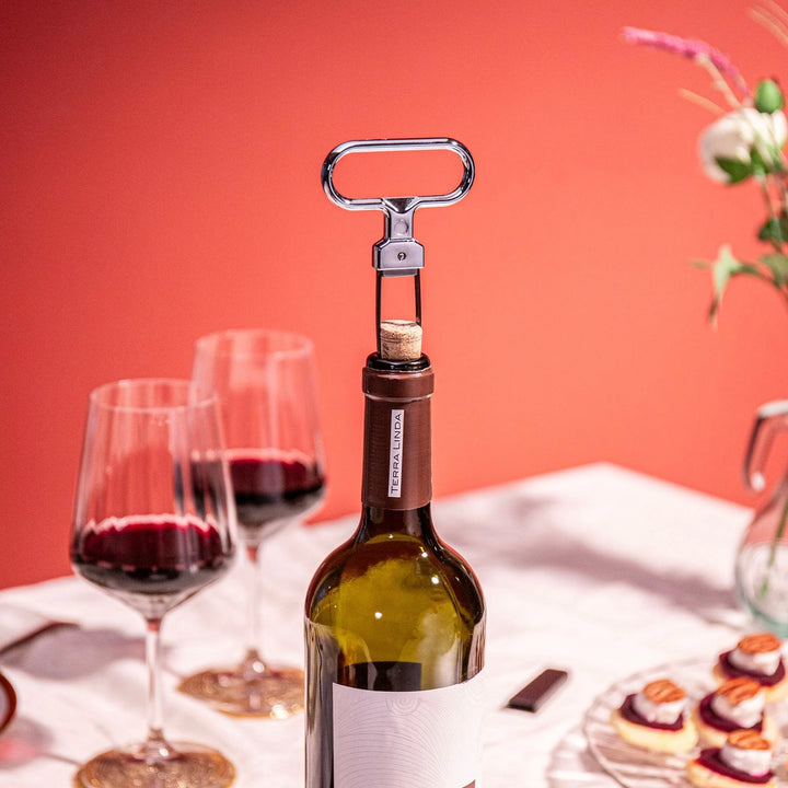 Bottle of wine with a cork puller two glasses of red wine, and pastries on a table with a red background.