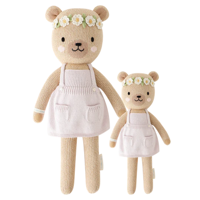 Olivia The Honey Bear Cuddle and Kind Two little knitted teddy bears with flower crowns and pink overalls
